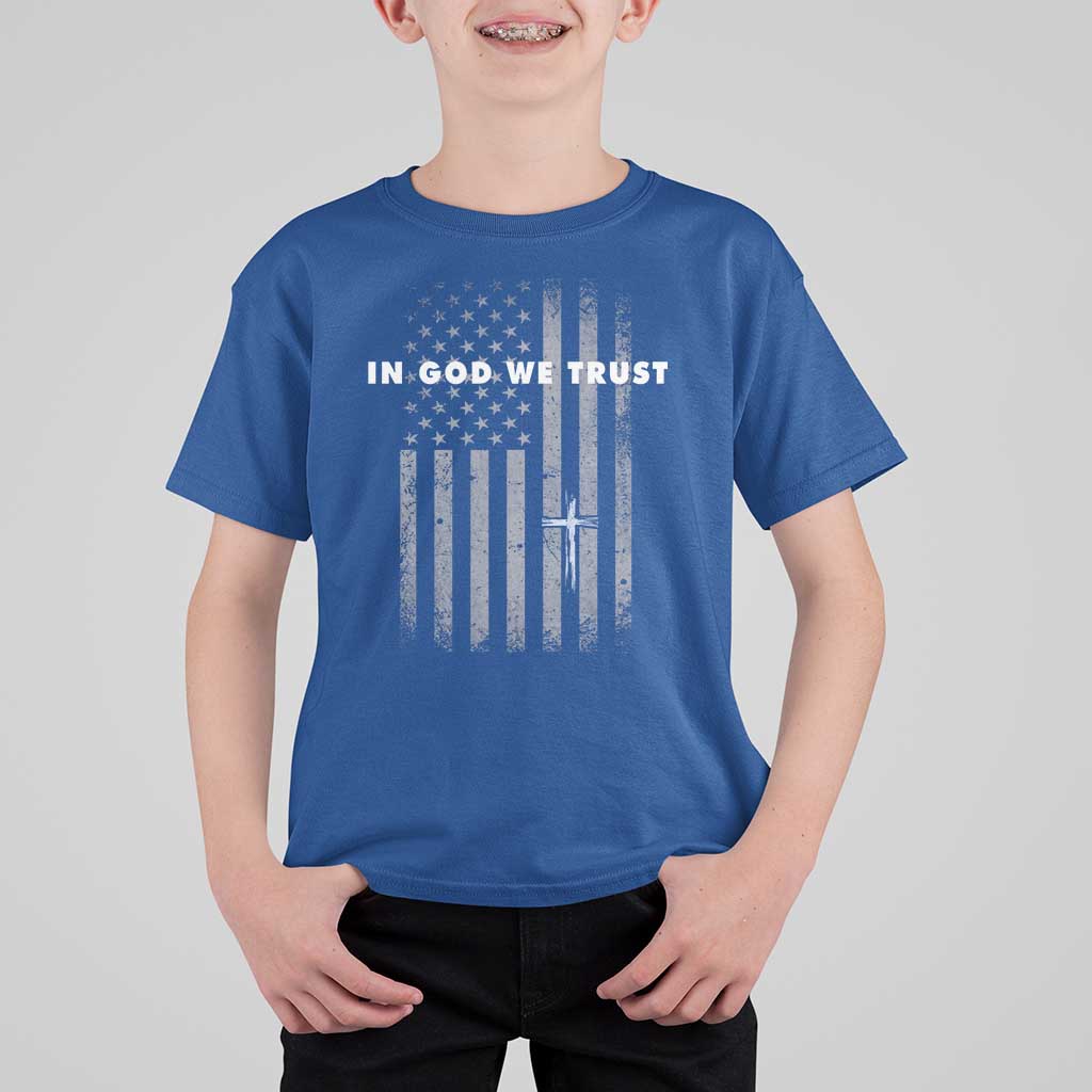 USA Flag Religious Quote T Shirt For Kid In God We Trust American Patriotic Faith 4th of July Cross