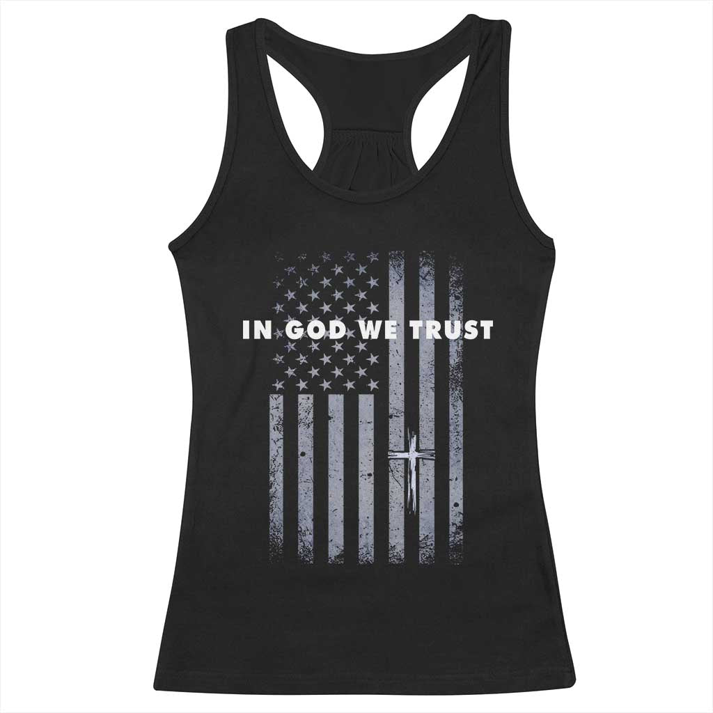 USA Flag Religious Quote Racerback Tank Top In God We Trust American Patriotic Faith 4th of July Cross