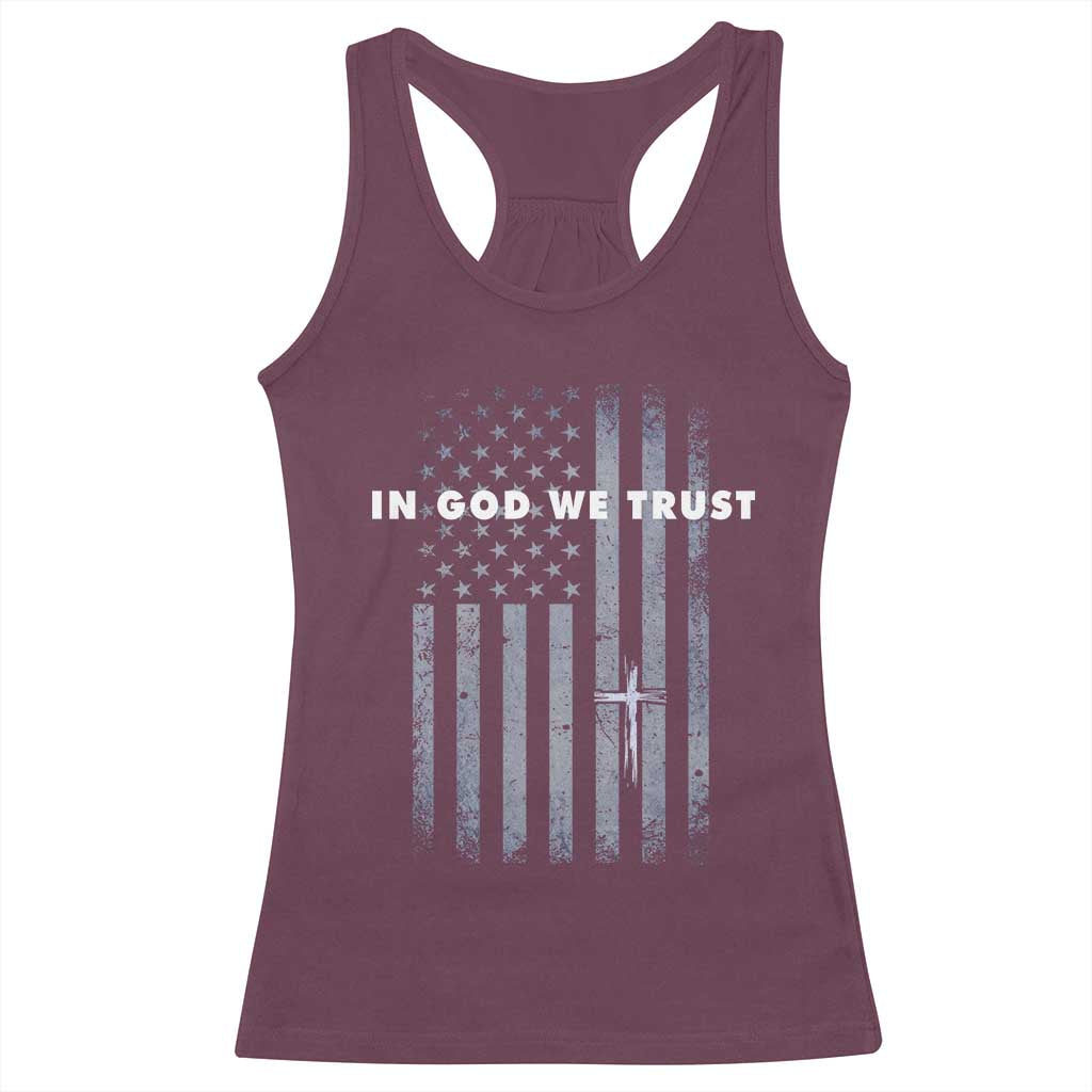 USA Flag Religious Quote Racerback Tank Top In God We Trust American Patriotic Faith 4th of July Cross