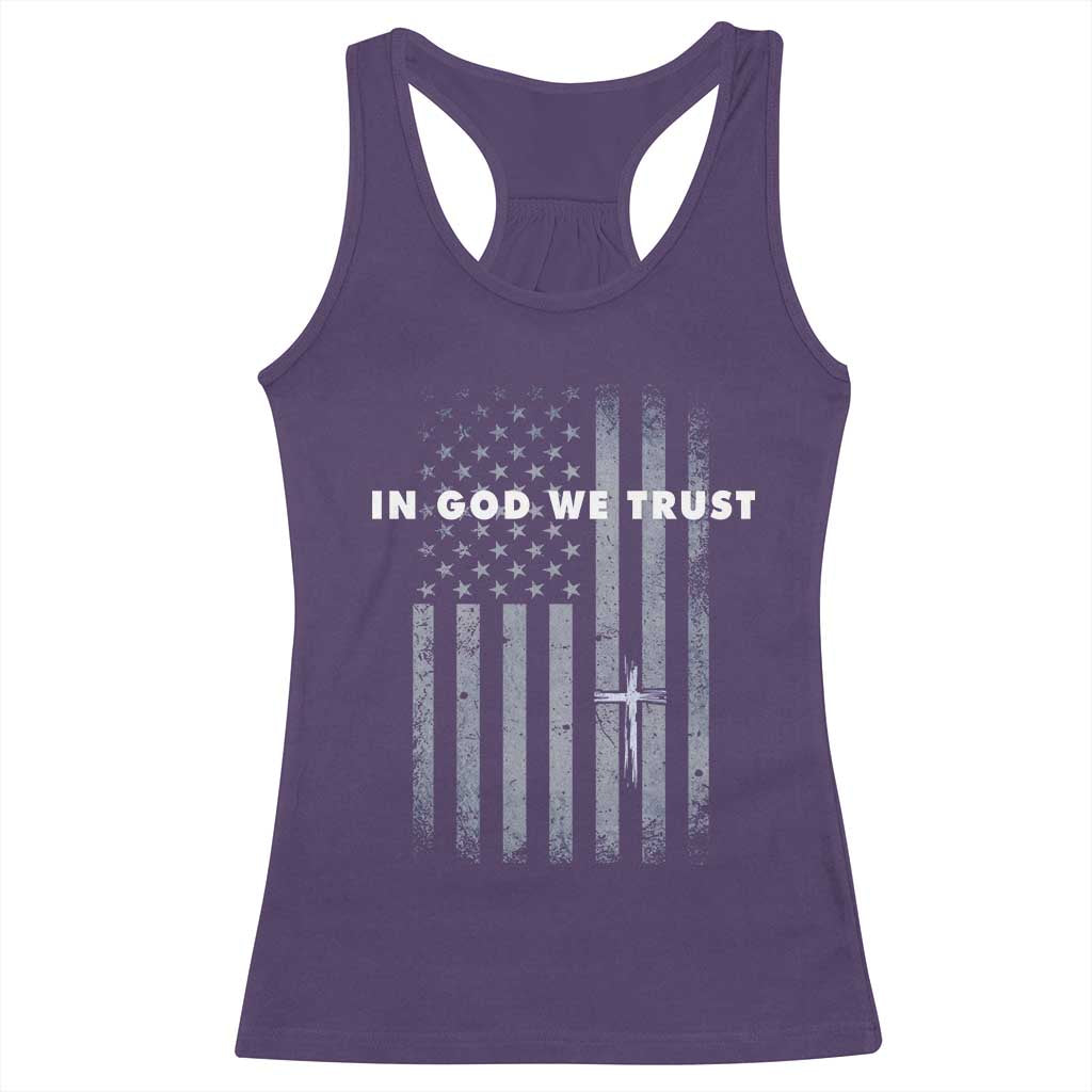 USA Flag Religious Quote Racerback Tank Top In God We Trust American Patriotic Faith 4th of July Cross