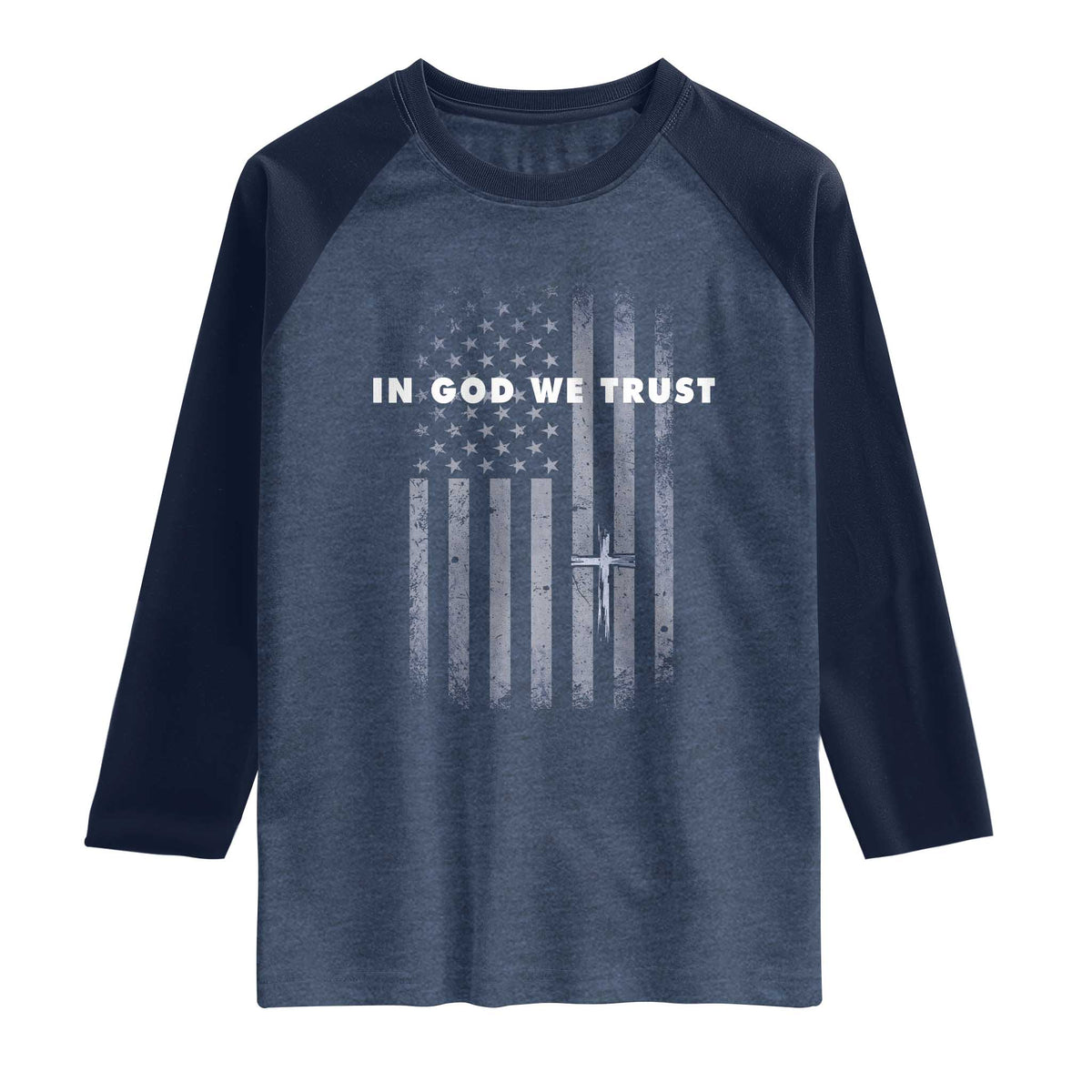 USA Flag Religious Quote Raglan Shirt In God We Trust American Patriotic Faith 4th of July Cross