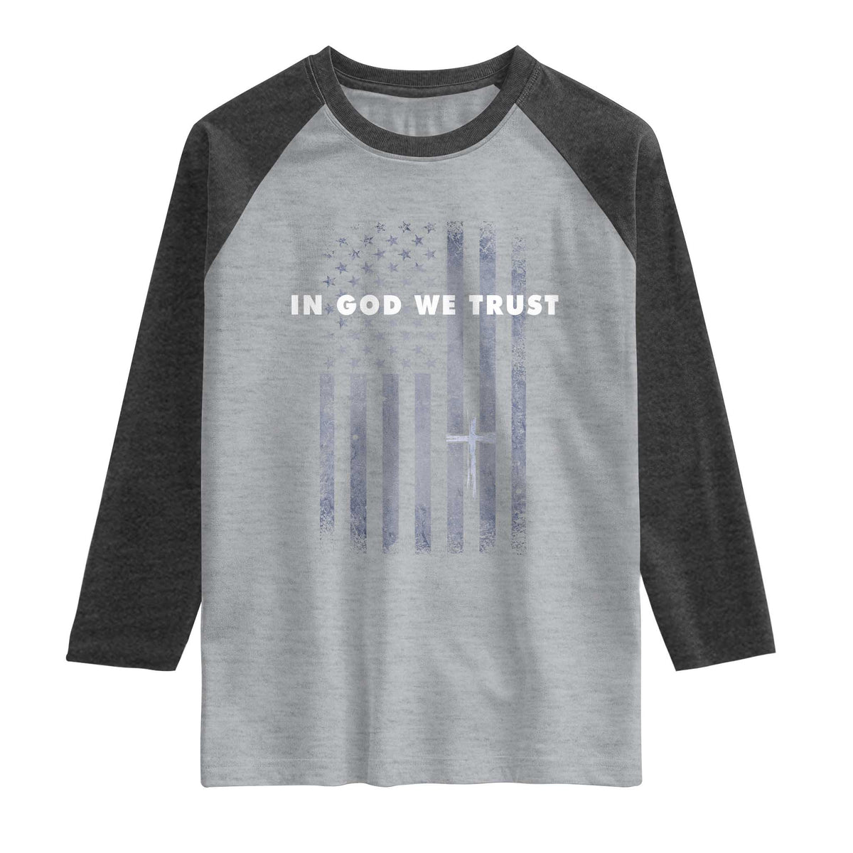 USA Flag Religious Quote Raglan Shirt In God We Trust American Patriotic Faith 4th of July Cross