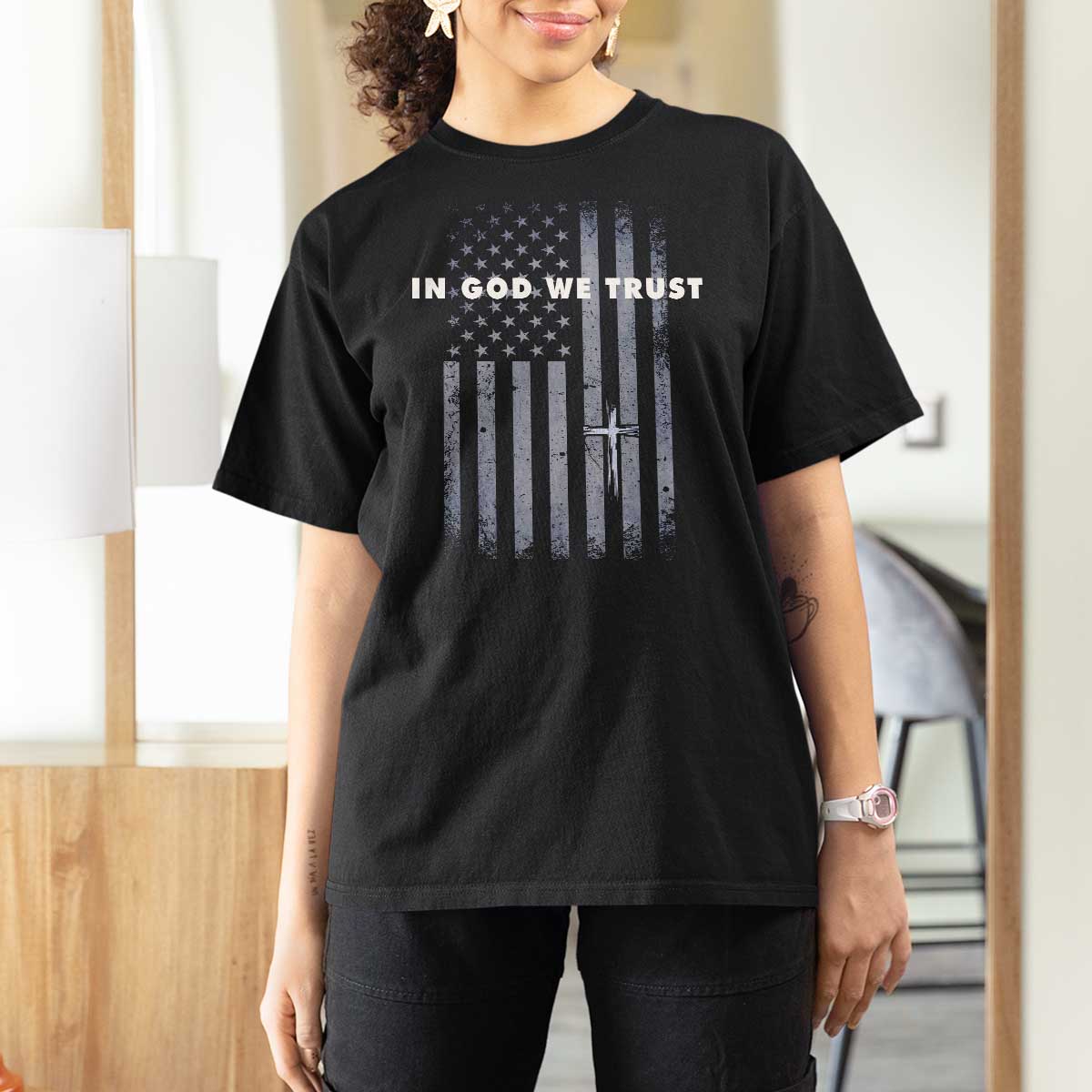 USA Flag Religious Quote T Shirt For Women In God We Trust American Patriotic Faith 4th of July Cross