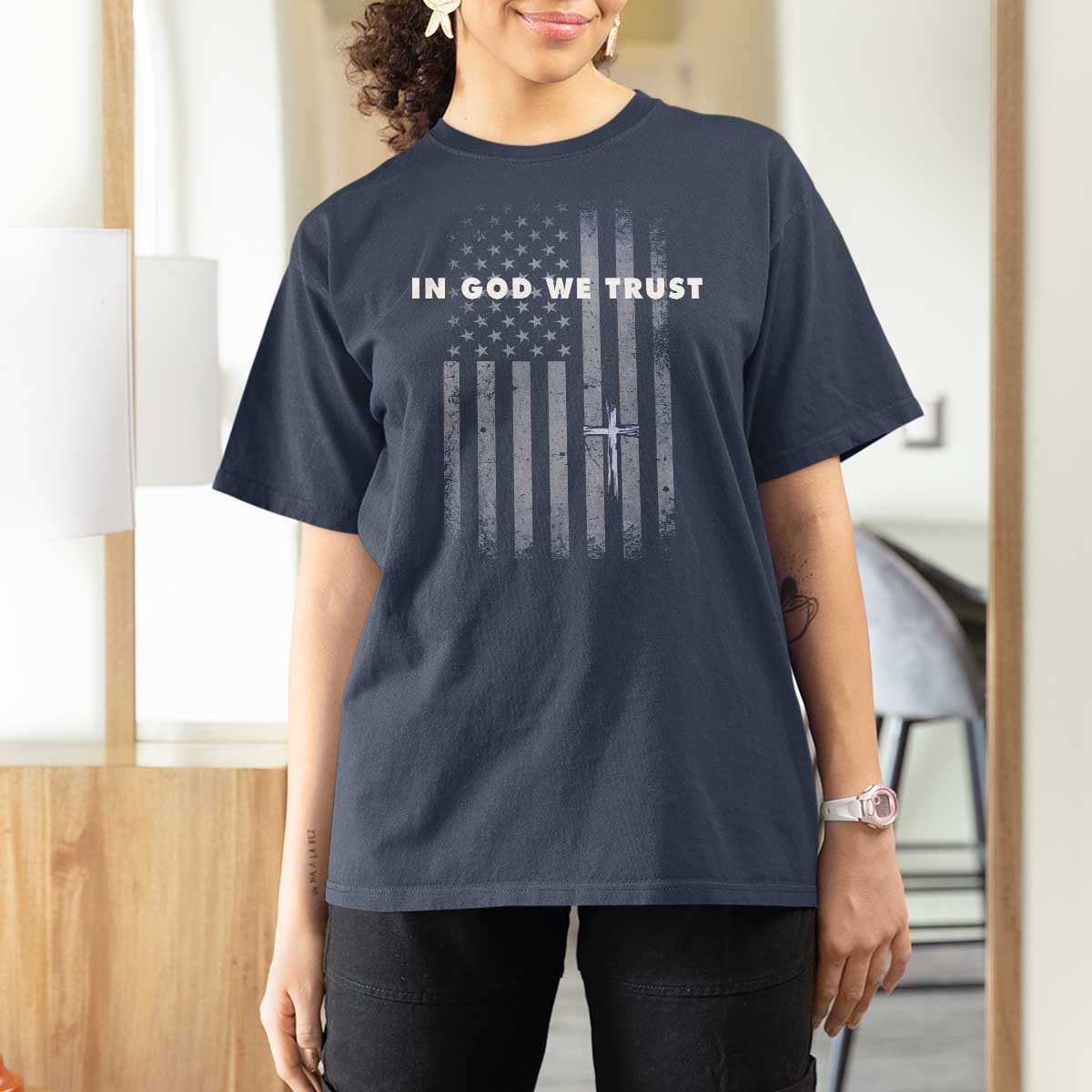 USA Flag Religious Quote T Shirt For Women In God We Trust American Patriotic Faith 4th of July Cross