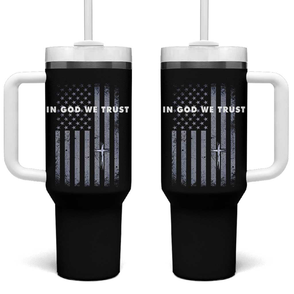 USA Flag Religious Quote Tumbler With Handle In God We Trust American Patriotic Faith 4th of July Cross