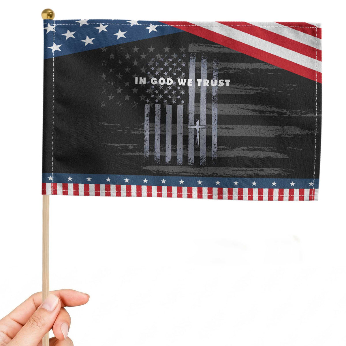 USA Flag Religious Quote Patriotic Handheld Flag In God We Trust American Faith 4th of July Cross