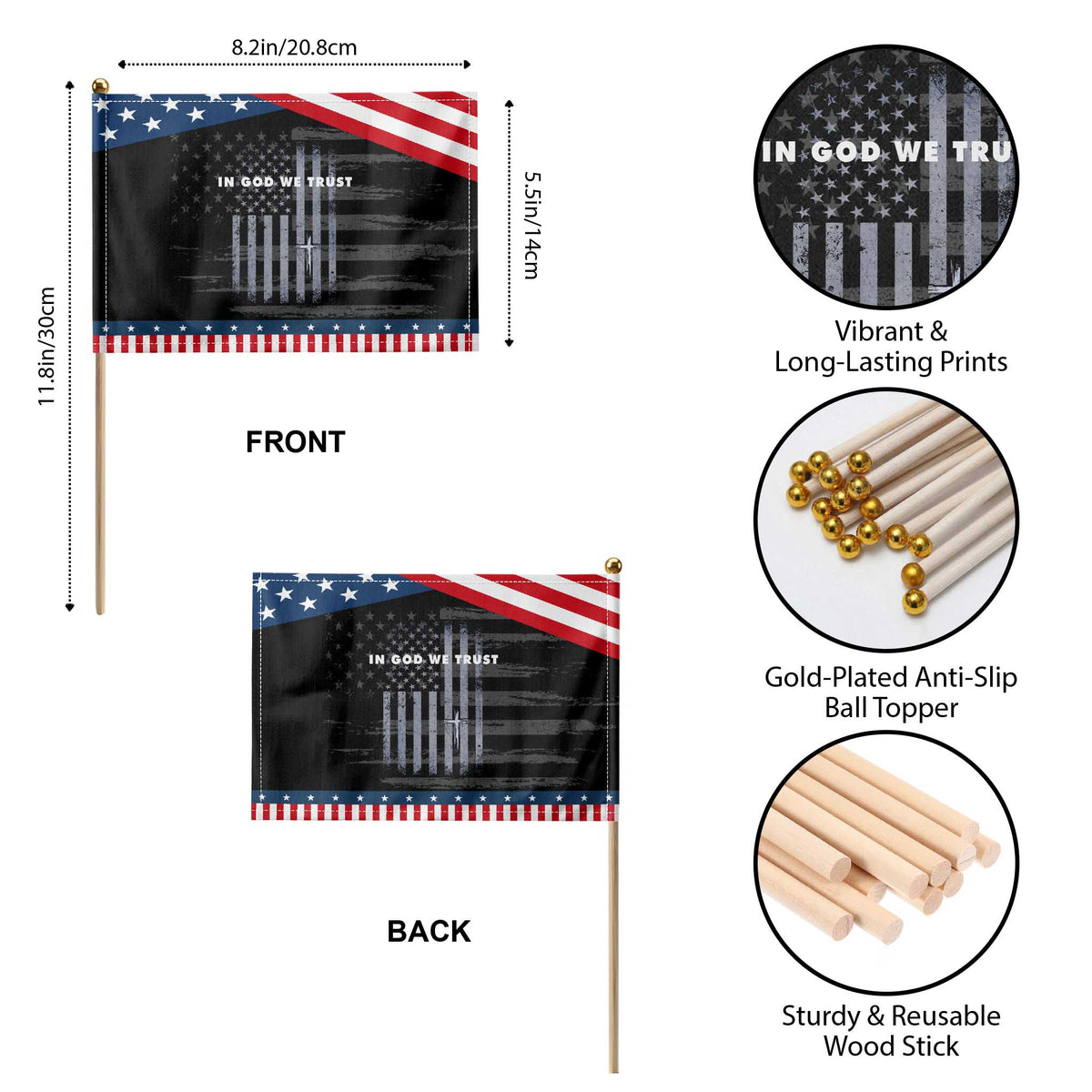 USA Flag Religious Quote Patriotic Handheld Flag In God We Trust American Faith 4th of July Cross