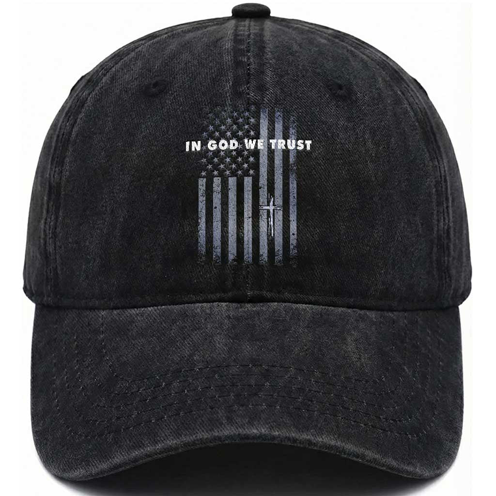 USA Flag Religious Quote Washed Cotton Baseball Cap In God We Trust American Patriotic Faith 4th of July Cross