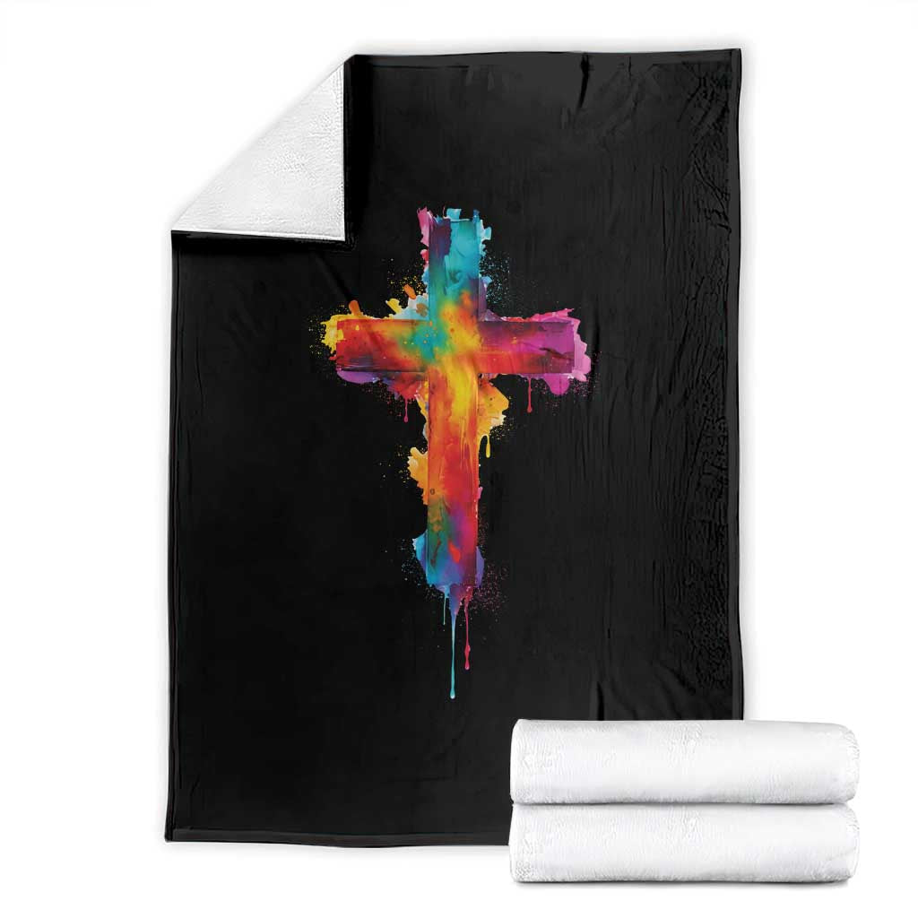 Faith Cross Throw Blanket Christian Believe Blessed By God Colorful Watercolor Graphic