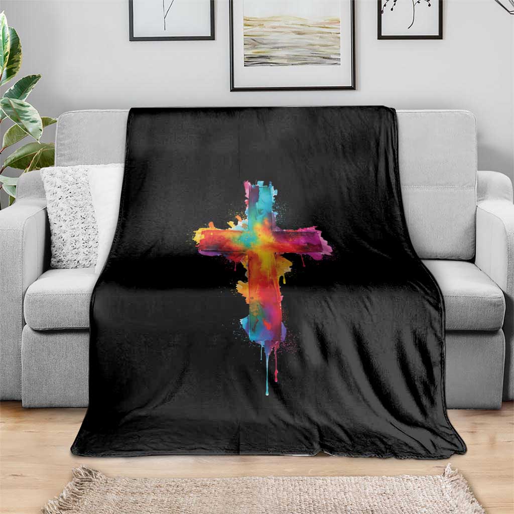Faith Cross Throw Blanket Christian Believe Blessed By God Colorful Watercolor Graphic