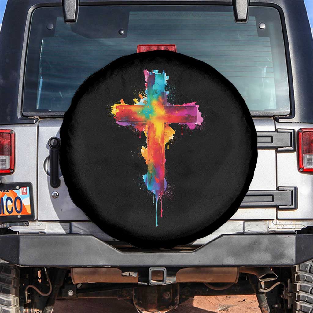 Faith Cross Spare Tire Cover Christian Believe Blessed By God Colorful Watercolor Graphic