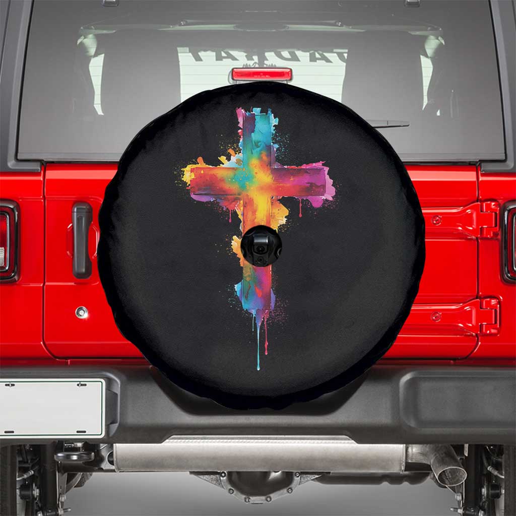 Faith Cross Spare Tire Cover Christian Believe Blessed By God Colorful Watercolor Graphic