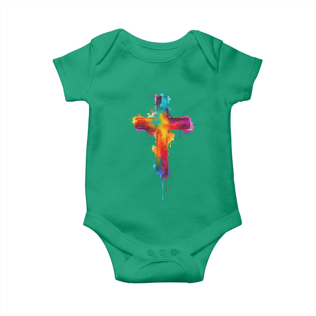 Faith Cross Baby Onesie Christian Believe Blessed By God Colorful Watercolor Graphic