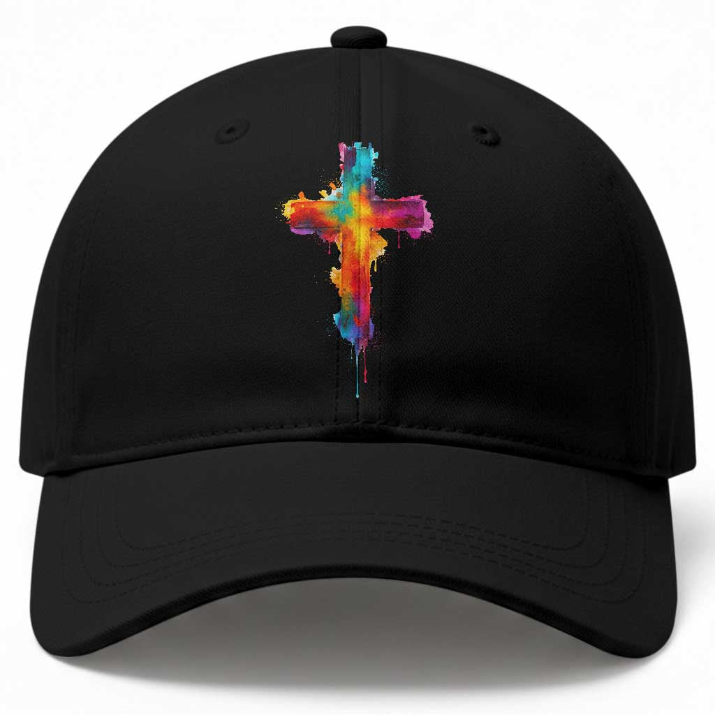 Faith Cross Baseball Cap Christian Believe Blessed By God Colorful Watercolor Graphic