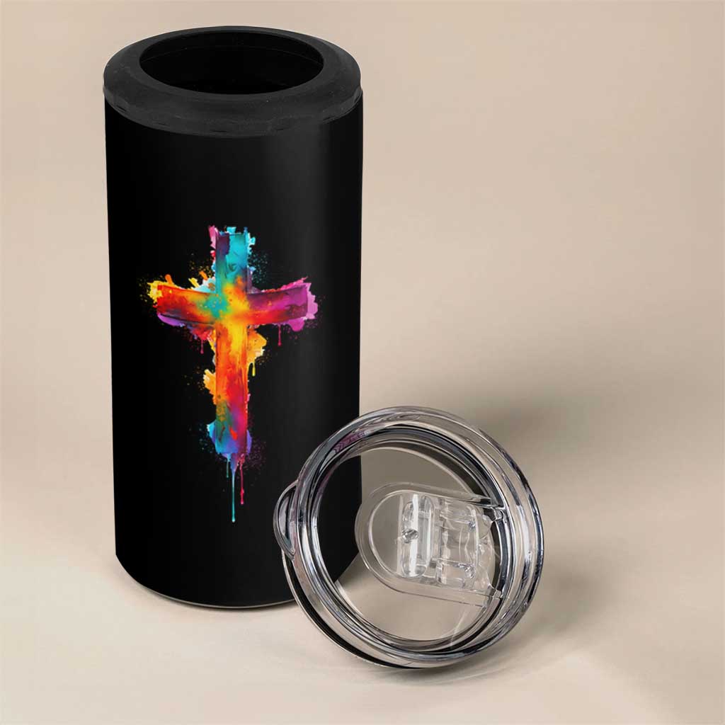 Faith Cross 4 in 1 Can Cooler Tumbler Christian Believe Blessed By God Colorful Watercolor Graphic