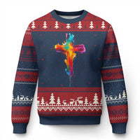 Faith Cross Ugly Christmas Sweater Christian Believe Blessed By God Colorful Watercolor Graphic