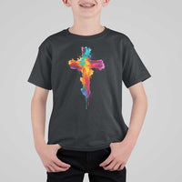 Faith Cross T Shirt For Kid Christian Believe Blessed By God Colorful Watercolor Graphic