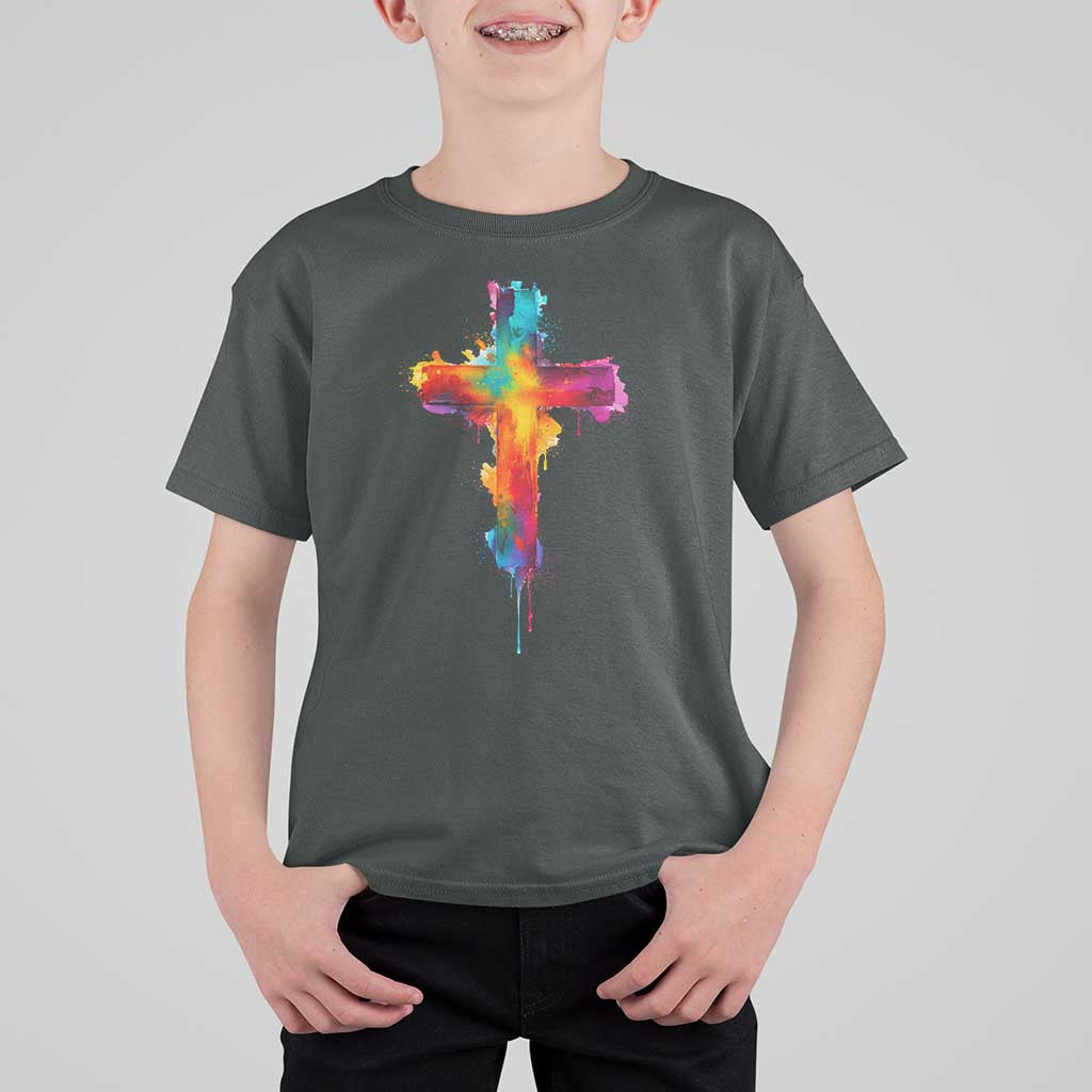 Faith Cross T Shirt For Kid Christian Believe Blessed By God Colorful Watercolor Graphic