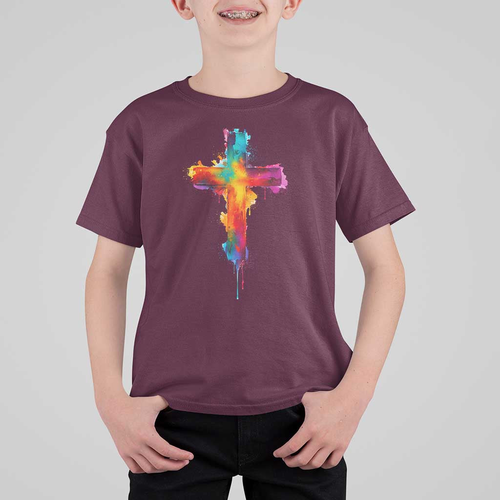 Faith Cross T Shirt For Kid Christian Believe Blessed By God Colorful Watercolor Graphic