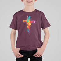 Faith Cross T Shirt For Kid Christian Believe Blessed By God Colorful Watercolor Graphic