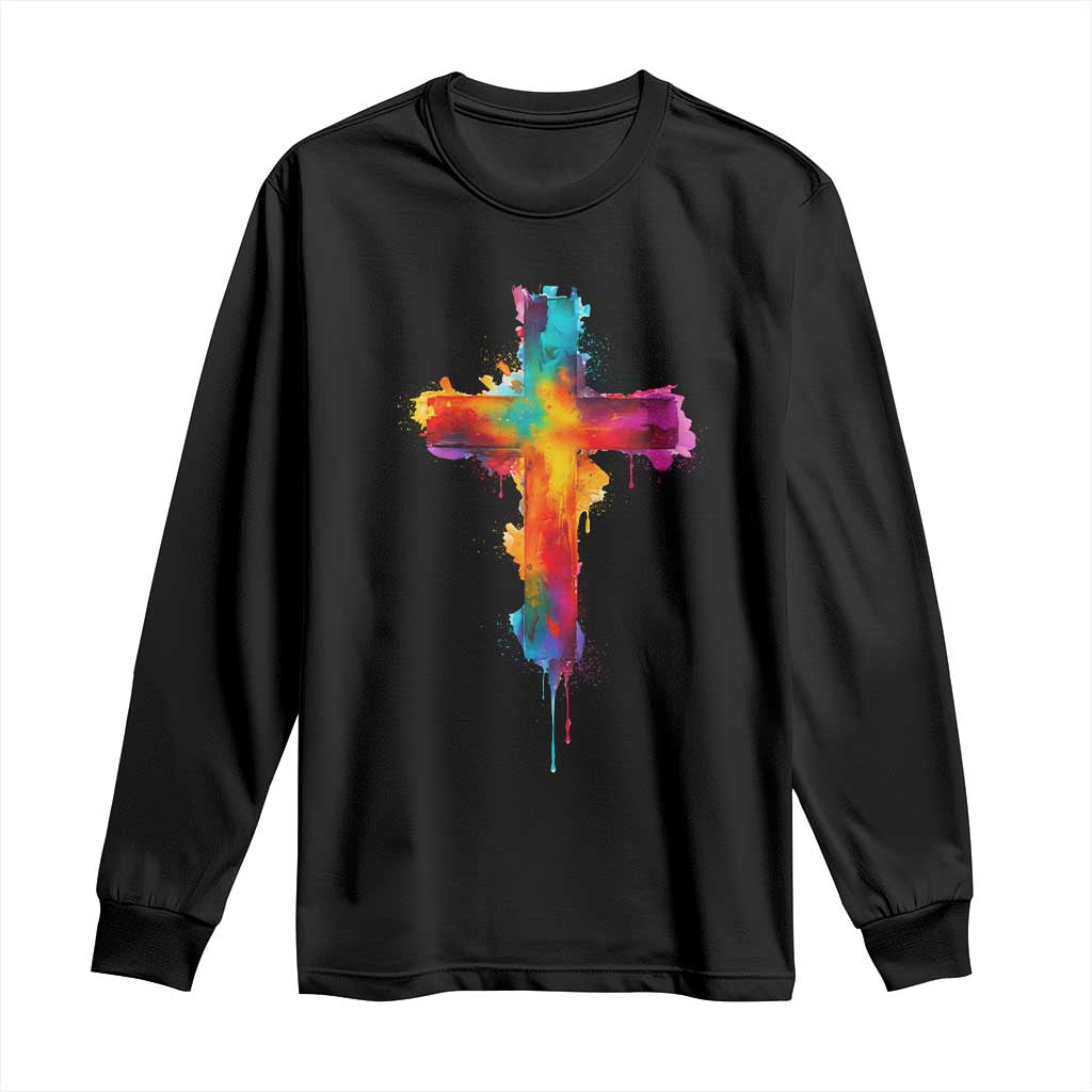 Faith Cross Long Sleeve Shirt Christian Believe Blessed By God Colorful Watercolor Graphic
