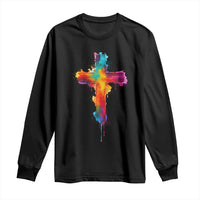 Faith Cross Long Sleeve Shirt Christian Believe Blessed By God Colorful Watercolor Graphic