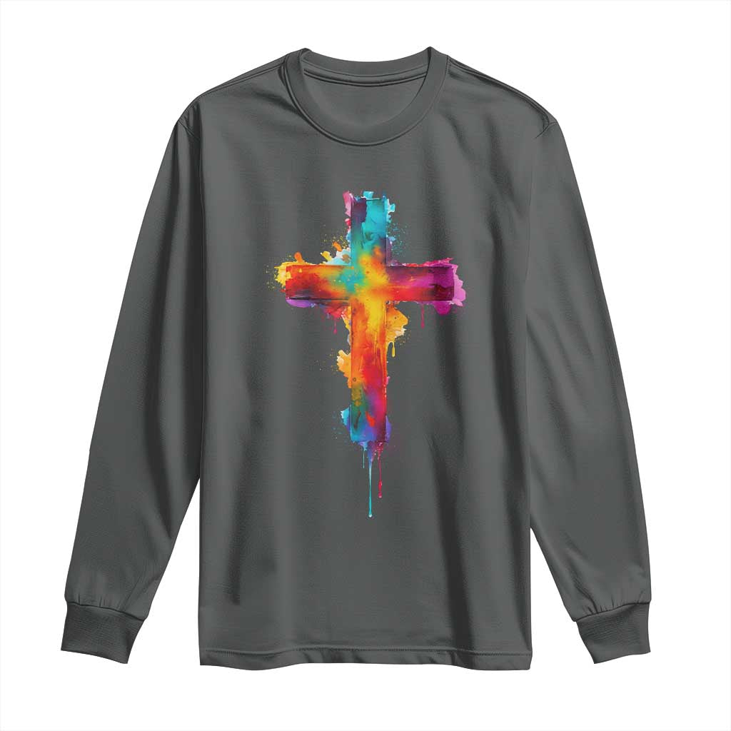 Faith Cross Long Sleeve Shirt Christian Believe Blessed By God Colorful Watercolor Graphic