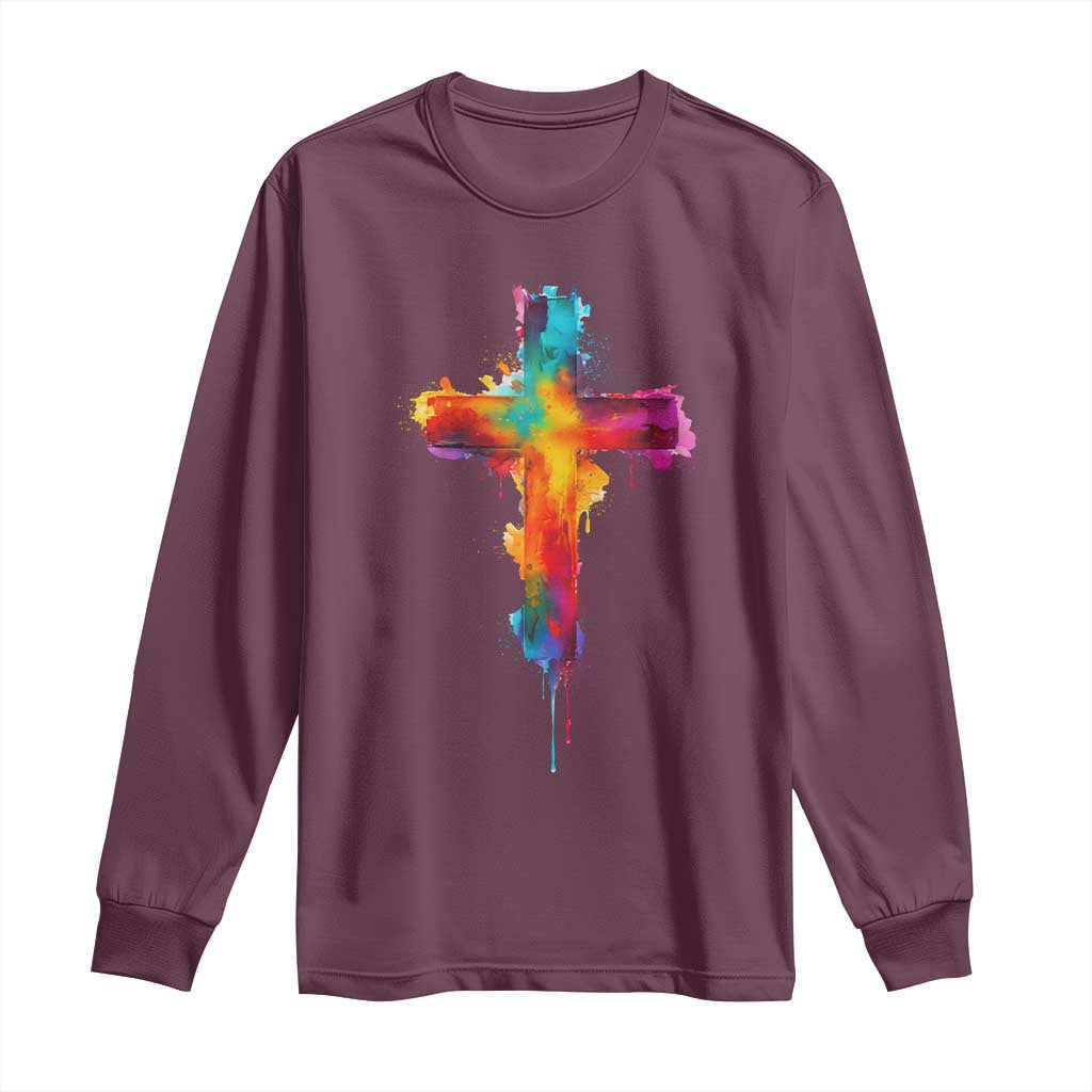 Faith Cross Long Sleeve Shirt Christian Believe Blessed By God Colorful Watercolor Graphic