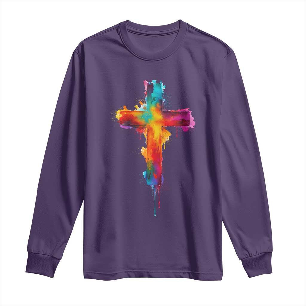 Faith Cross Long Sleeve Shirt Christian Believe Blessed By God Colorful Watercolor Graphic