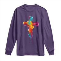 Faith Cross Long Sleeve Shirt Christian Believe Blessed By God Colorful Watercolor Graphic