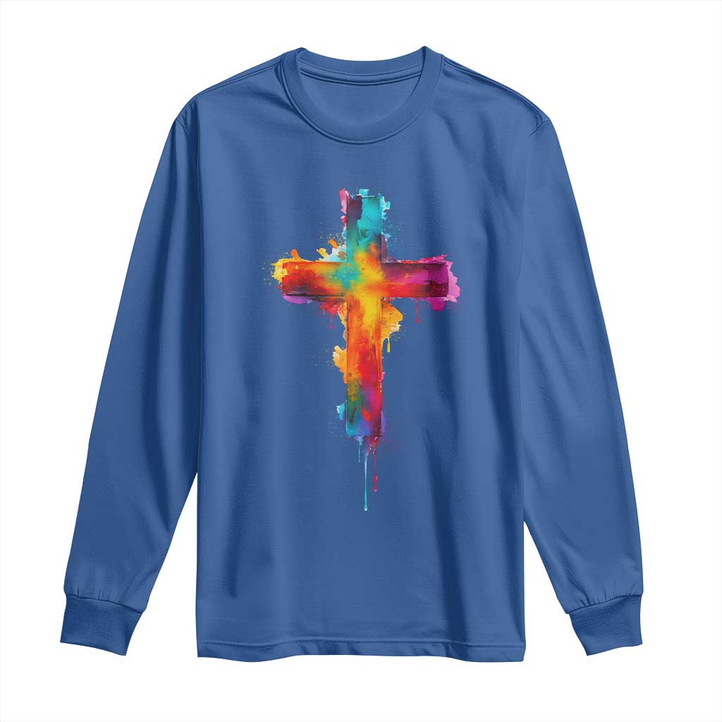 Faith Cross Long Sleeve Shirt Christian Believe Blessed By God Colorful Watercolor Graphic