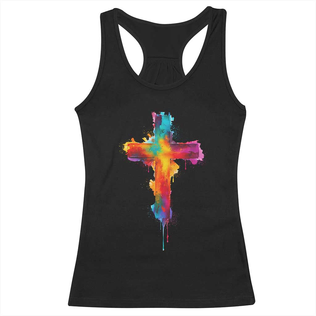 Faith Cross Racerback Tank Top Christian Believe Blessed By God Colorful Watercolor Graphic
