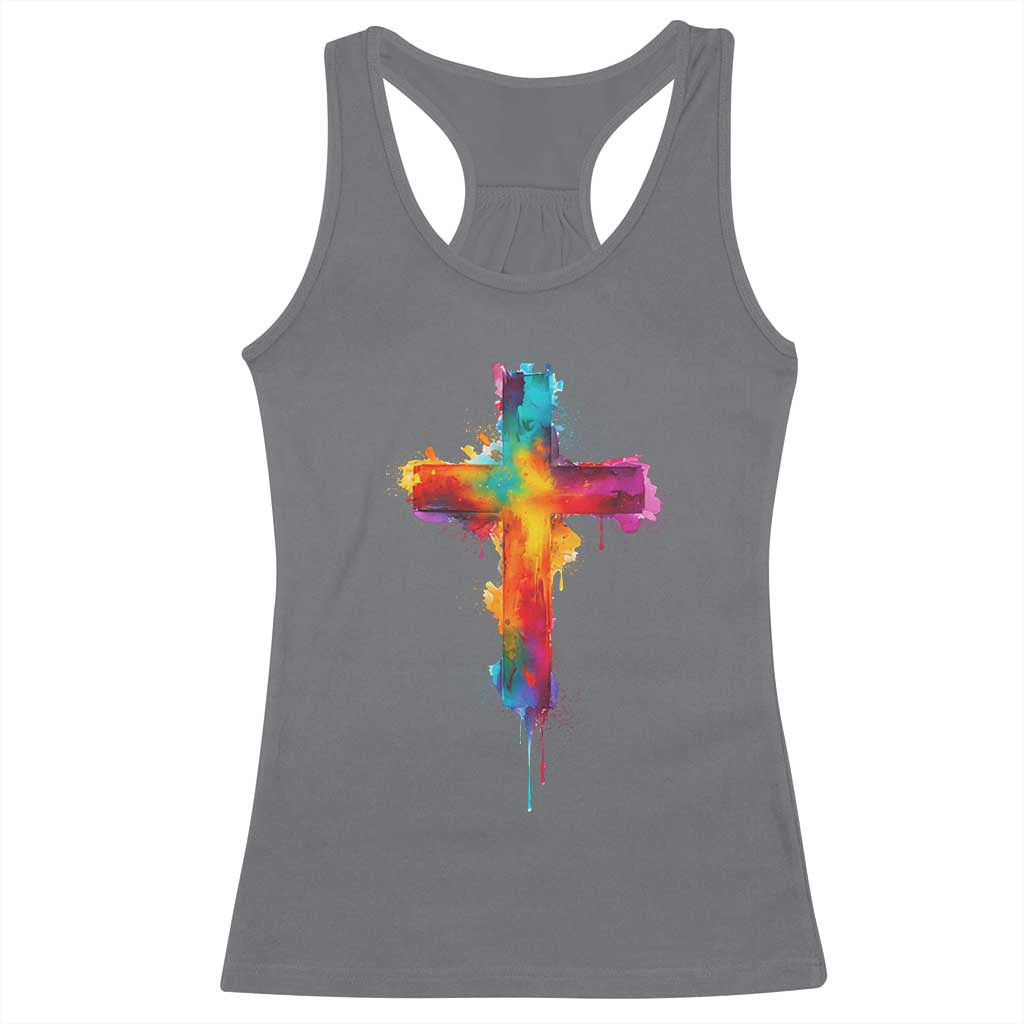 Faith Cross Racerback Tank Top Christian Believe Blessed By God Colorful Watercolor Graphic