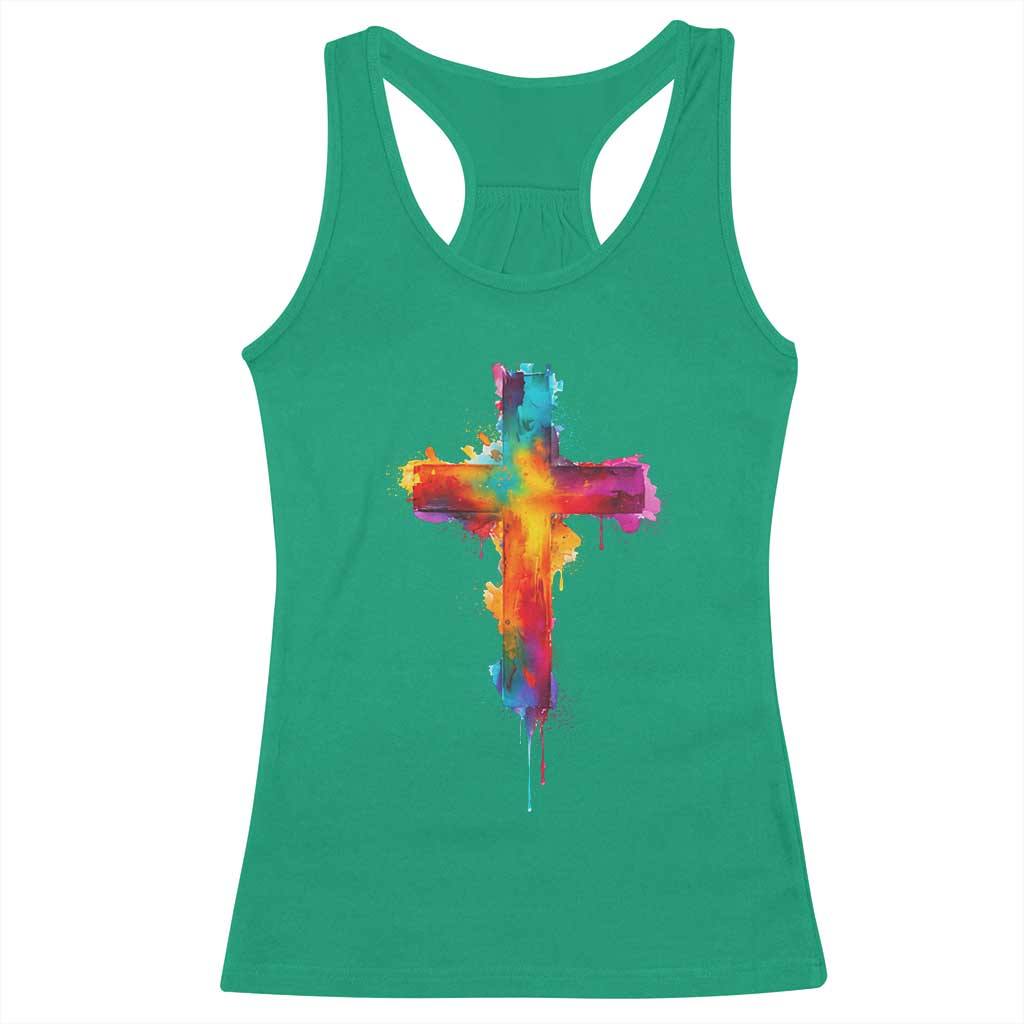 Faith Cross Racerback Tank Top Christian Believe Blessed By God Colorful Watercolor Graphic
