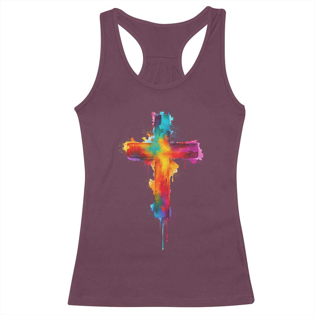 Faith Cross Racerback Tank Top Christian Believe Blessed By God Colorful Watercolor Graphic