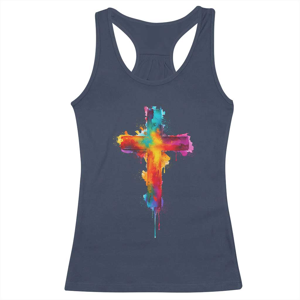 Faith Cross Racerback Tank Top Christian Believe Blessed By God Colorful Watercolor Graphic