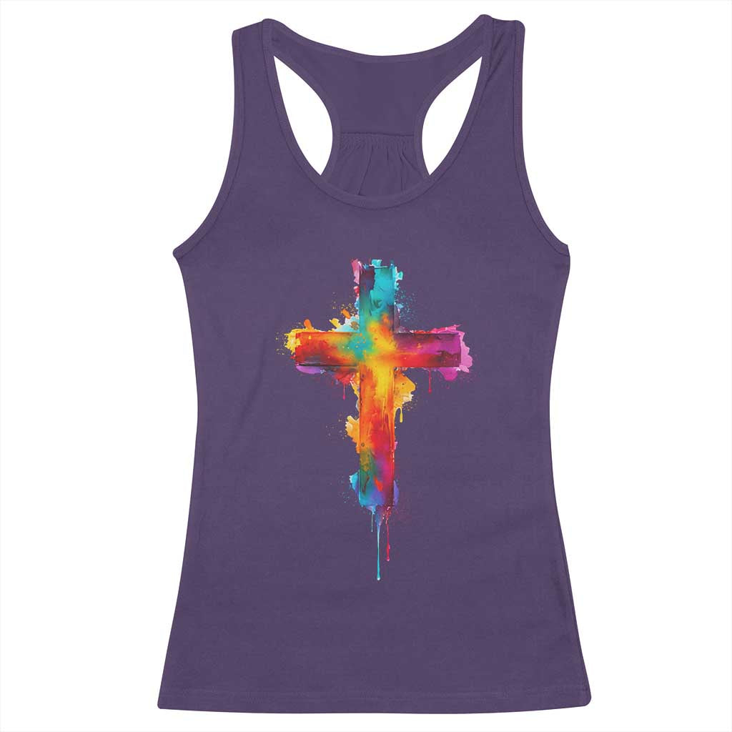 Faith Cross Racerback Tank Top Christian Believe Blessed By God Colorful Watercolor Graphic