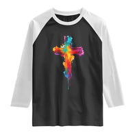 Faith Cross Raglan Shirt Christian Believe Blessed By God Colorful Watercolor Graphic
