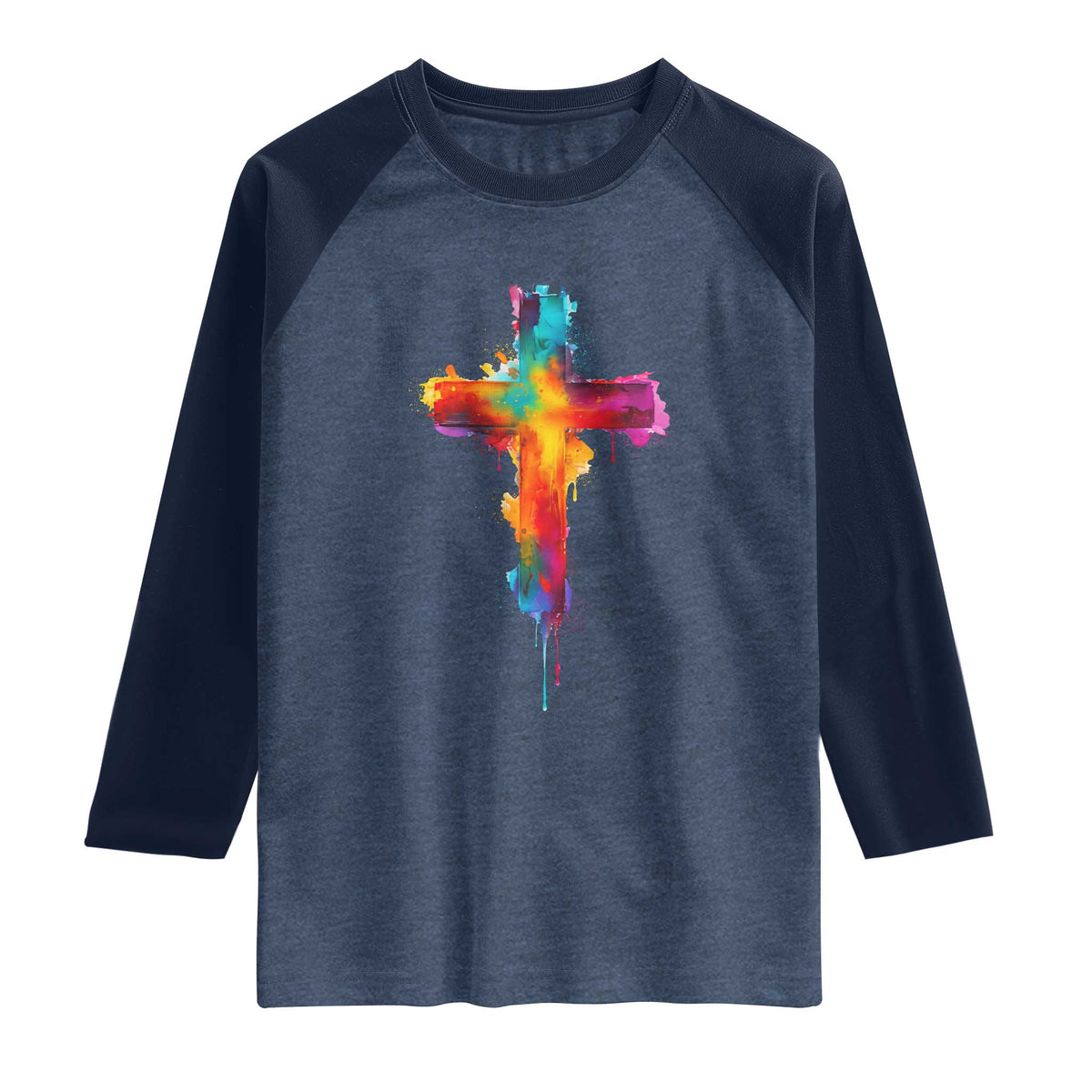 Faith Cross Raglan Shirt Christian Believe Blessed By God Colorful Watercolor Graphic