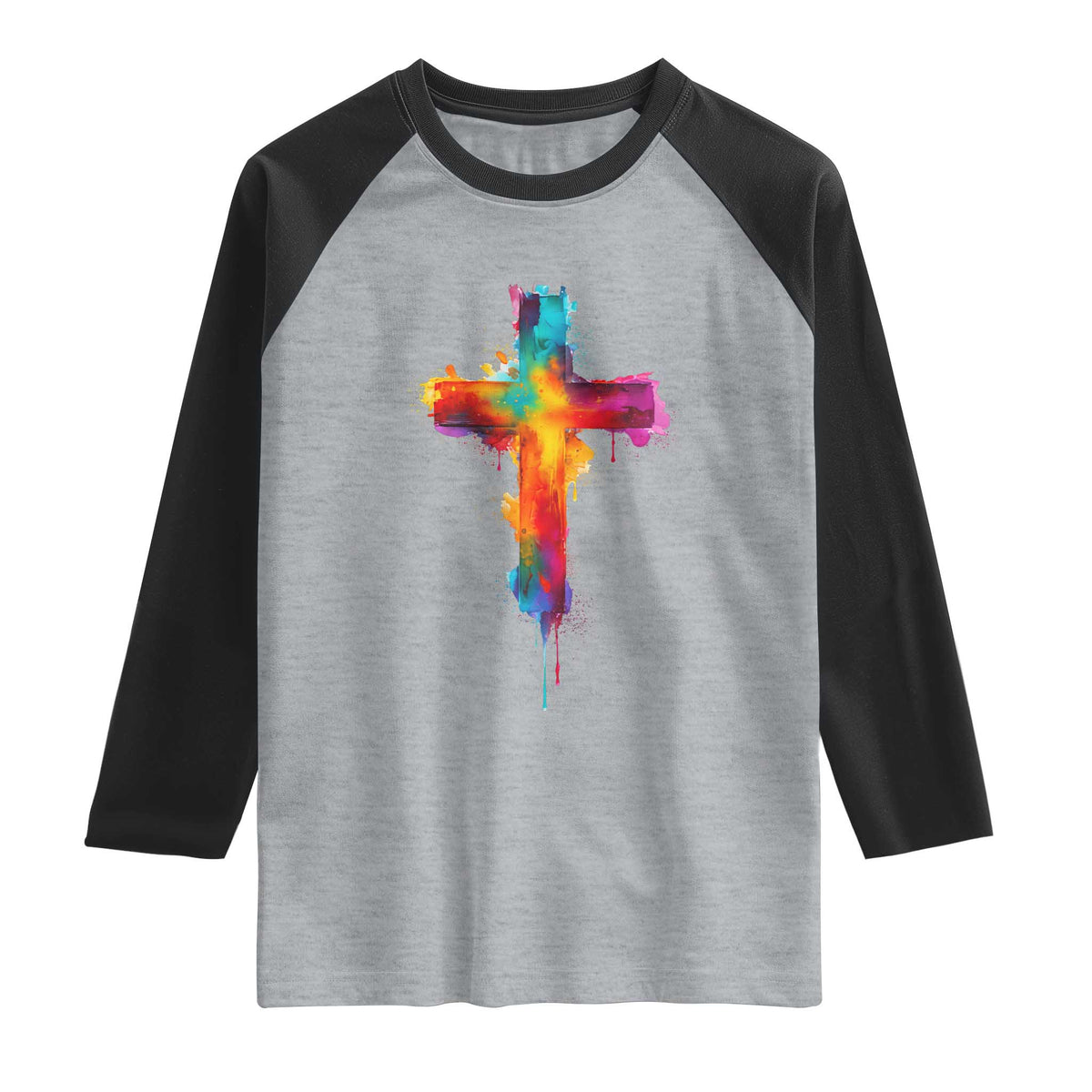 Faith Cross Raglan Shirt Christian Believe Blessed By God Colorful Watercolor Graphic