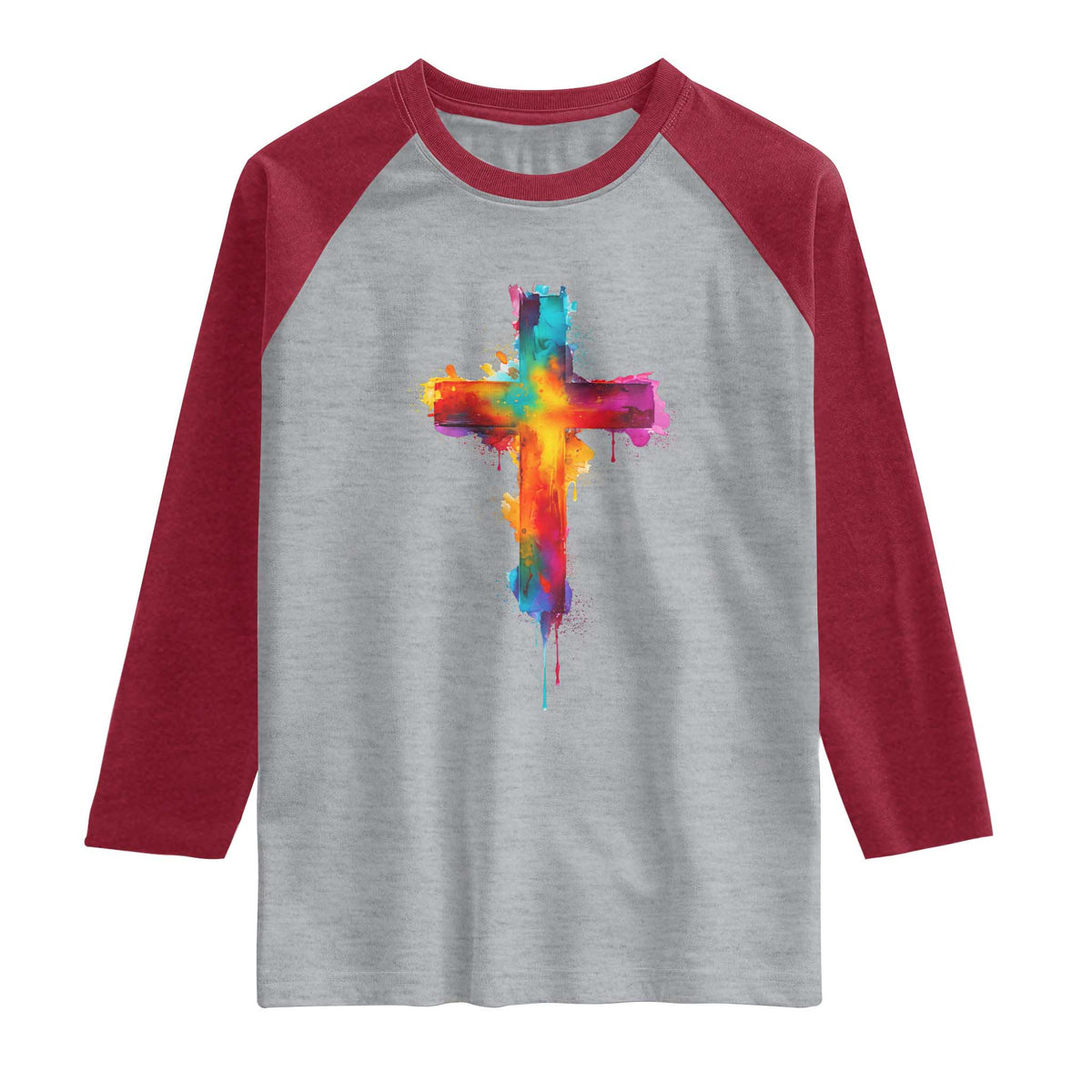 Faith Cross Raglan Shirt Christian Believe Blessed By God Colorful Watercolor Graphic