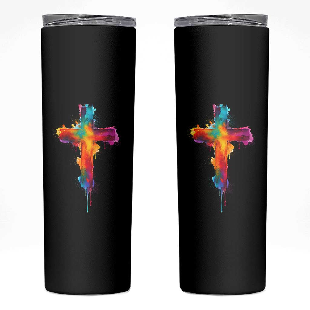 Faith Cross Skinny Tumbler Christian Believe Blessed By God Colorful Watercolor Graphic