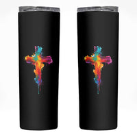 Faith Cross Skinny Tumbler Christian Believe Blessed By God Colorful Watercolor Graphic