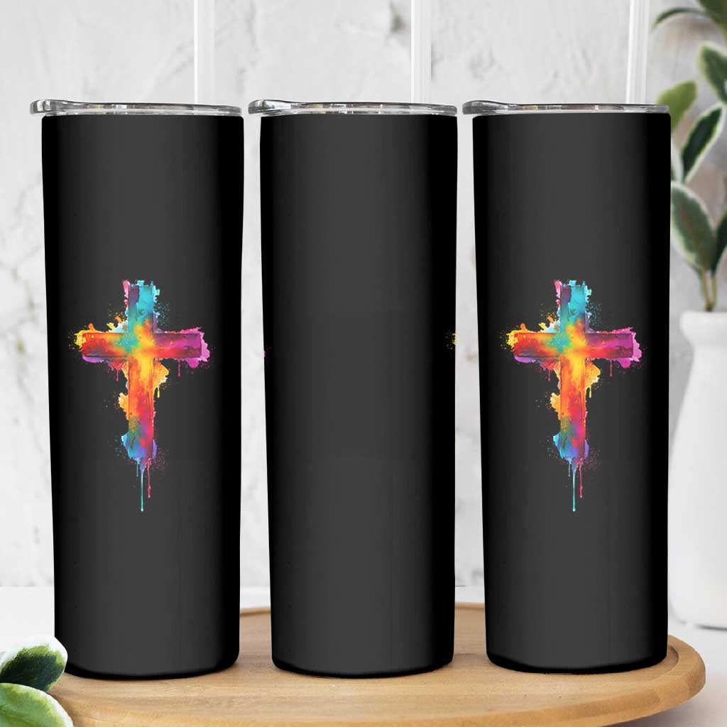 Faith Cross Skinny Tumbler Christian Believe Blessed By God Colorful Watercolor Graphic