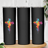 Faith Cross Skinny Tumbler Christian Believe Blessed By God Colorful Watercolor Graphic