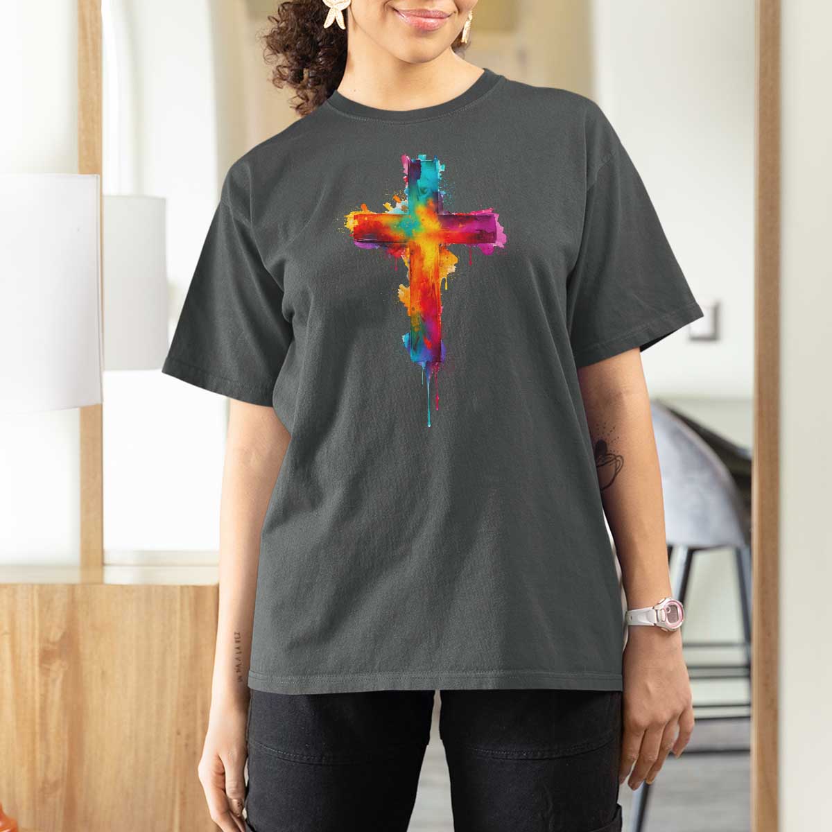 Faith Cross T Shirt For Women Christian Believe Blessed By God Colorful Watercolor Graphic