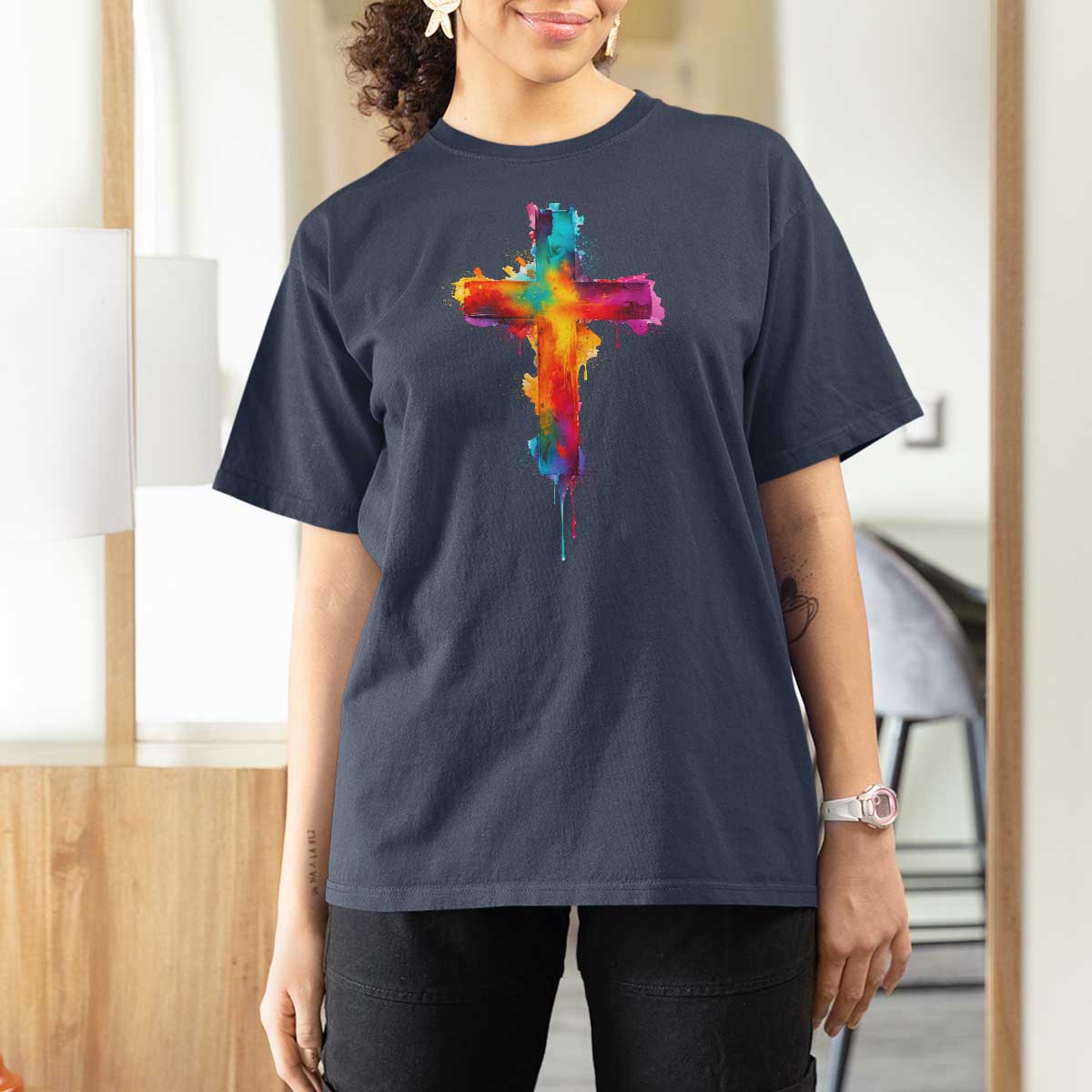 Faith Cross T Shirt For Women Christian Believe Blessed By God Colorful Watercolor Graphic