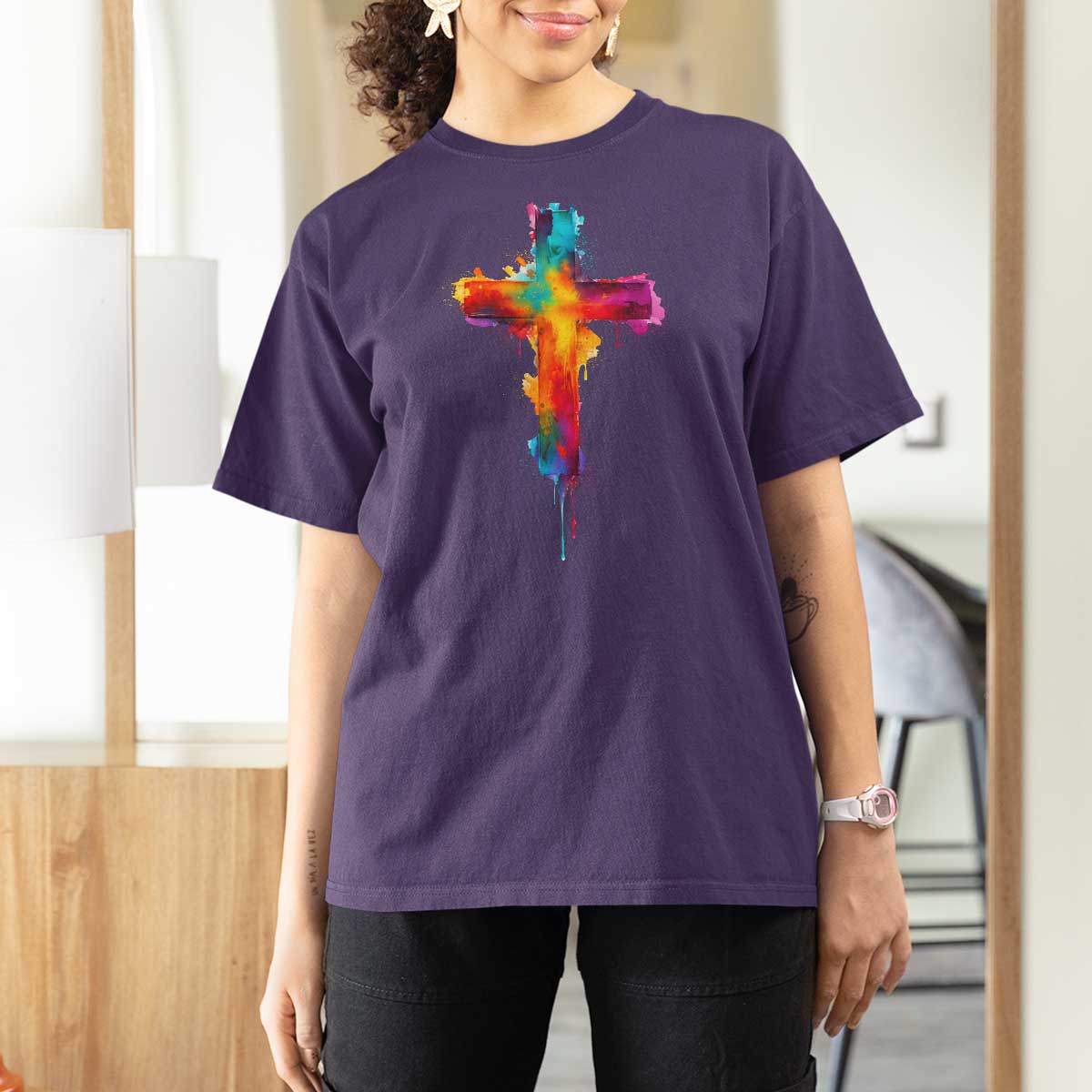 Faith Cross T Shirt For Women Christian Believe Blessed By God Colorful Watercolor Graphic