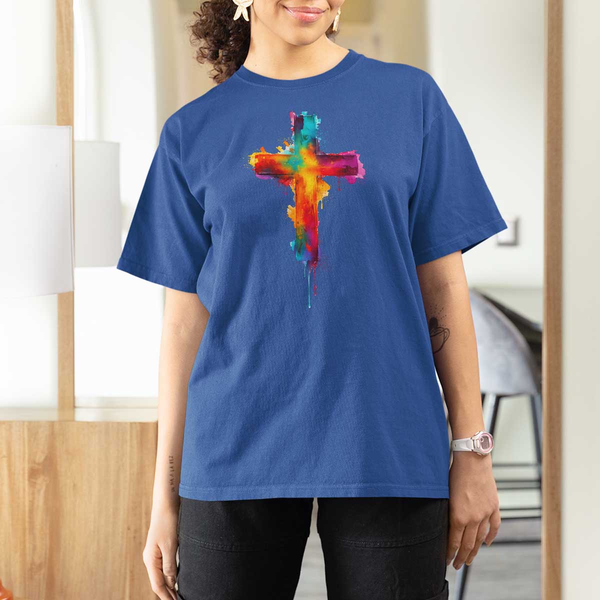 Faith Cross T Shirt For Women Christian Believe Blessed By God Colorful Watercolor Graphic