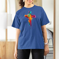 Faith Cross T Shirt For Women Christian Believe Blessed By God Colorful Watercolor Graphic